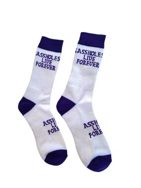 A-holes Live Forever Crew Socks White- Purple- Blue Graphic Socks